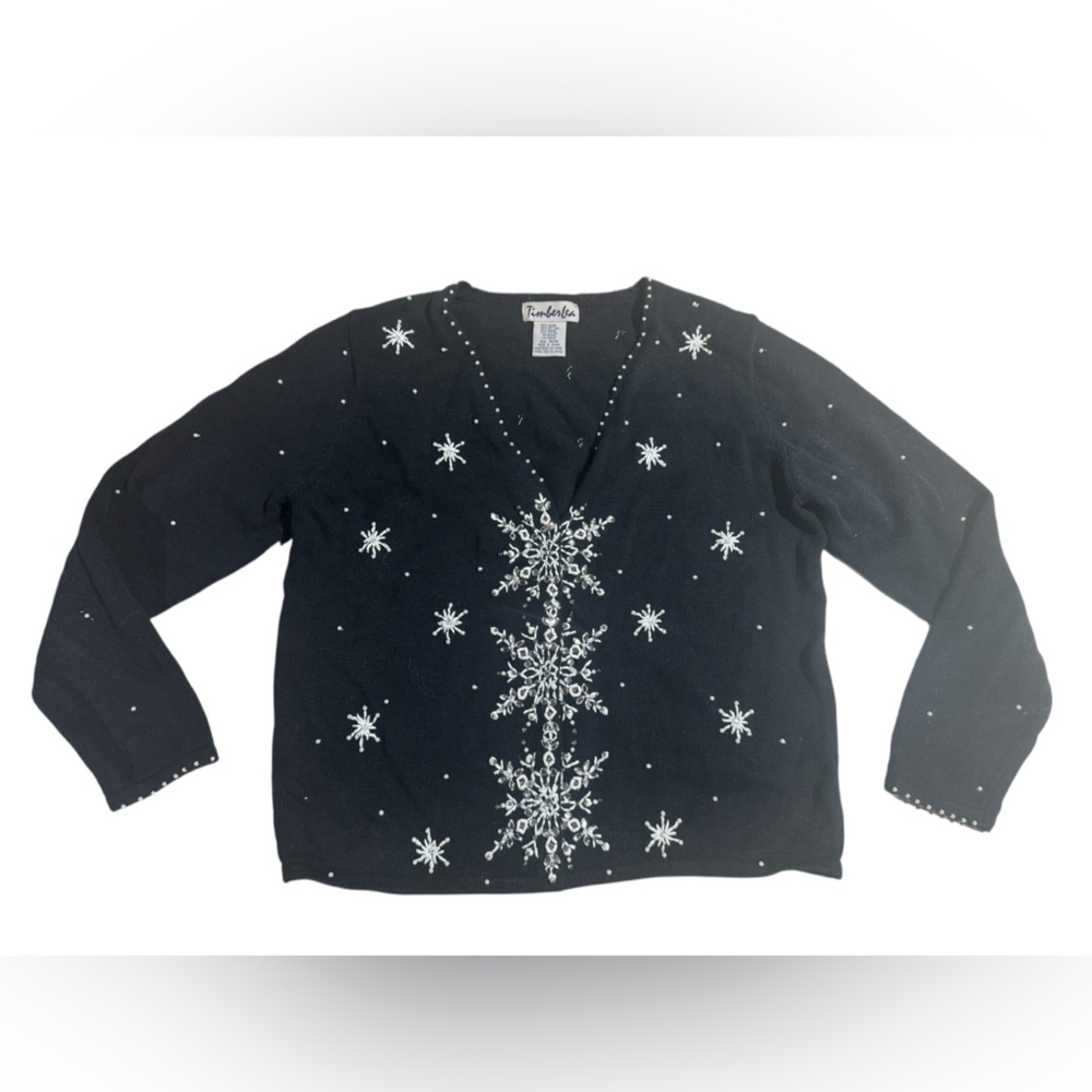 Timberlea Vintage Sweater Beaded Snowflake Knit Cardigan Black Pearl Medium